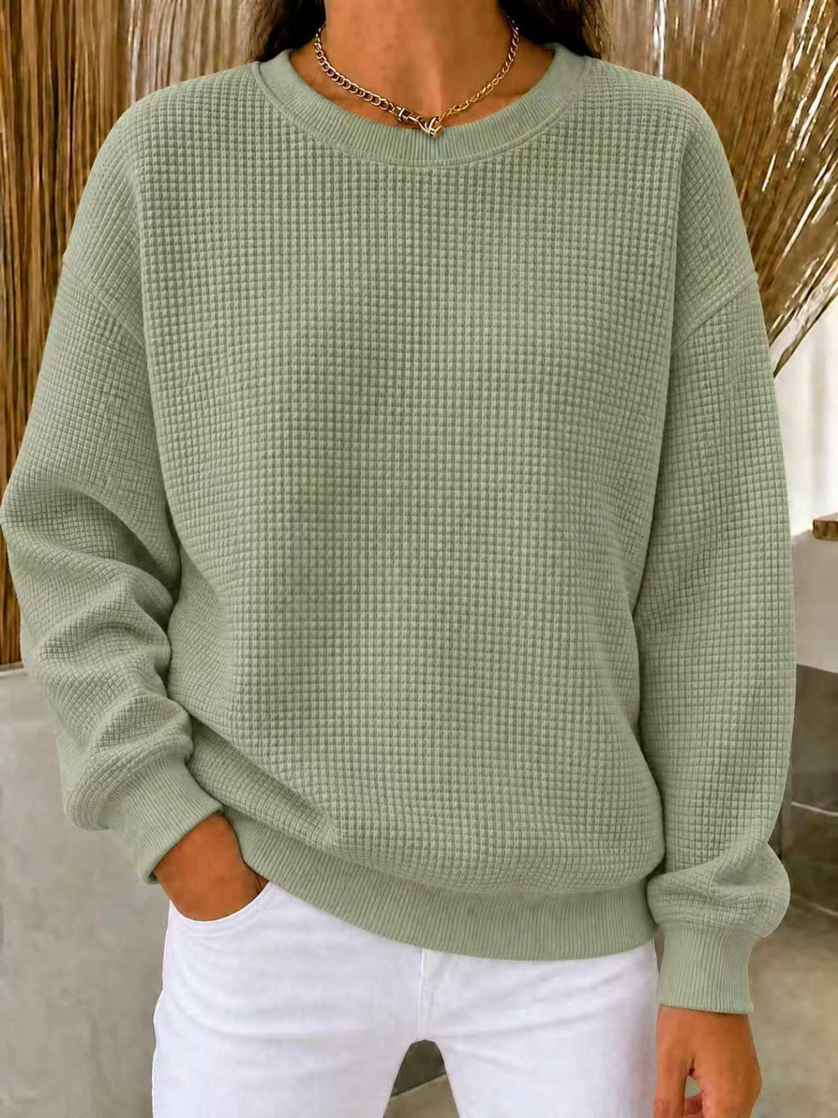Women's Waffle Knit Oversized Crew Neck Long Sleeve Top