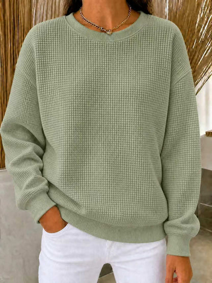 Women's Waffle Knit Oversized Crew Neck Long Sleeve Top
