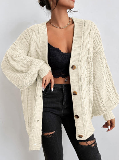 Women's V Neck Cable Knit Lantern Sleeve Cardigan