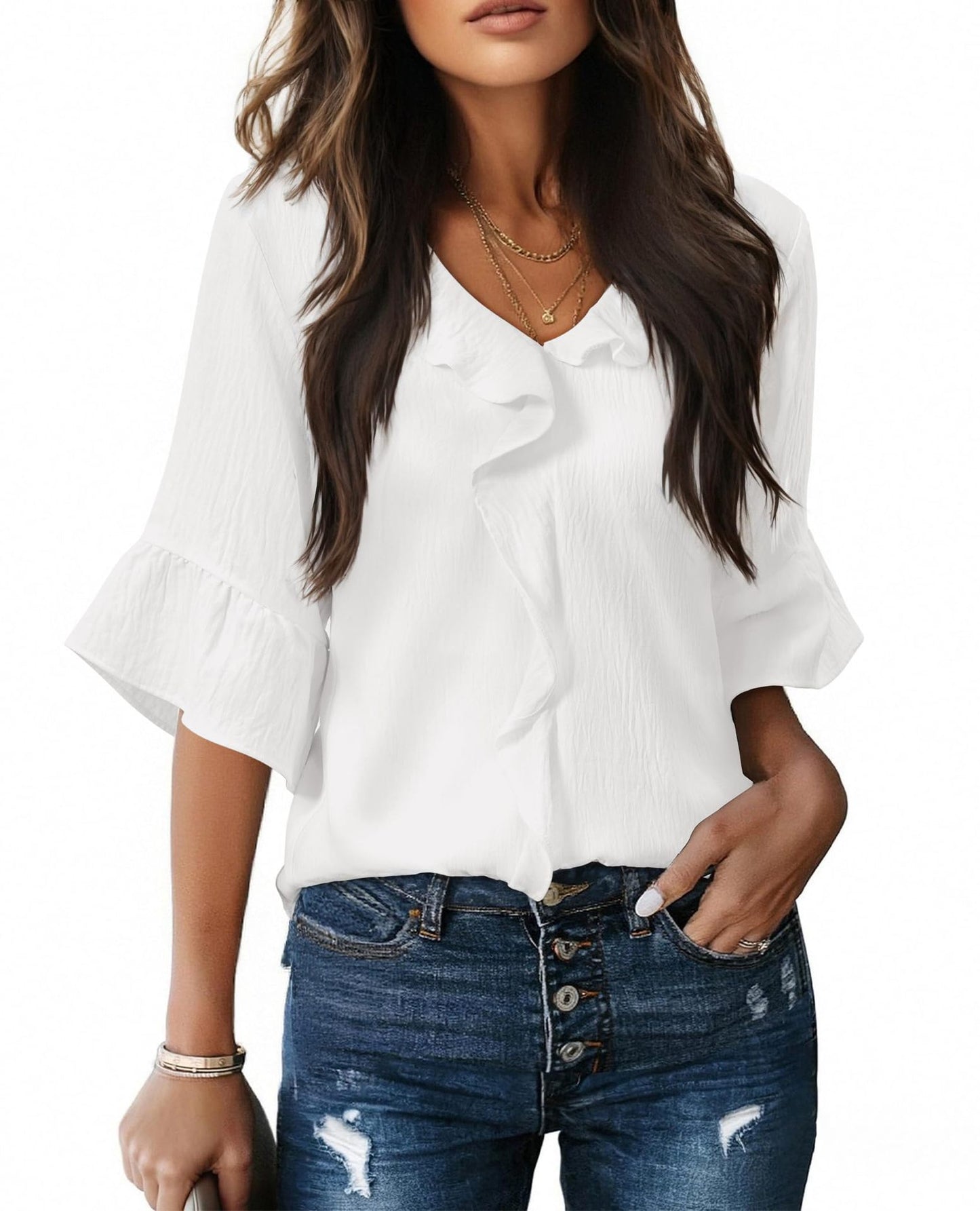 Ruffle V Neck 3/4 Sleeve Textured Blouse Top