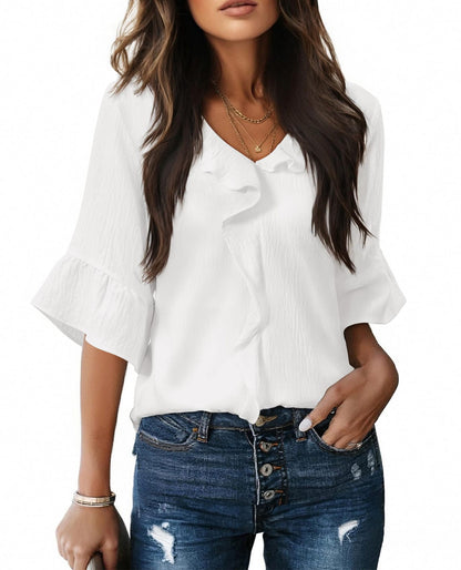 Ruffle V Neck 3/4 Sleeve Textured Blouse Top