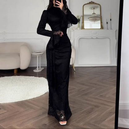 Lace Mock Neck Long Sleeve Bodycon Evening Maxi Dress