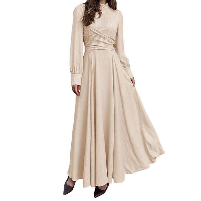Mock Neck Zipper Pleated Balloon Sleeve Maxi Dress