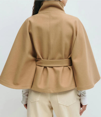 Women's Belted Cape Coat Stand Collar Button Jacket