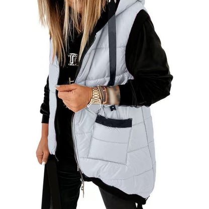 Oversized Hooded Zip-Up Puffer Vest with Pockets