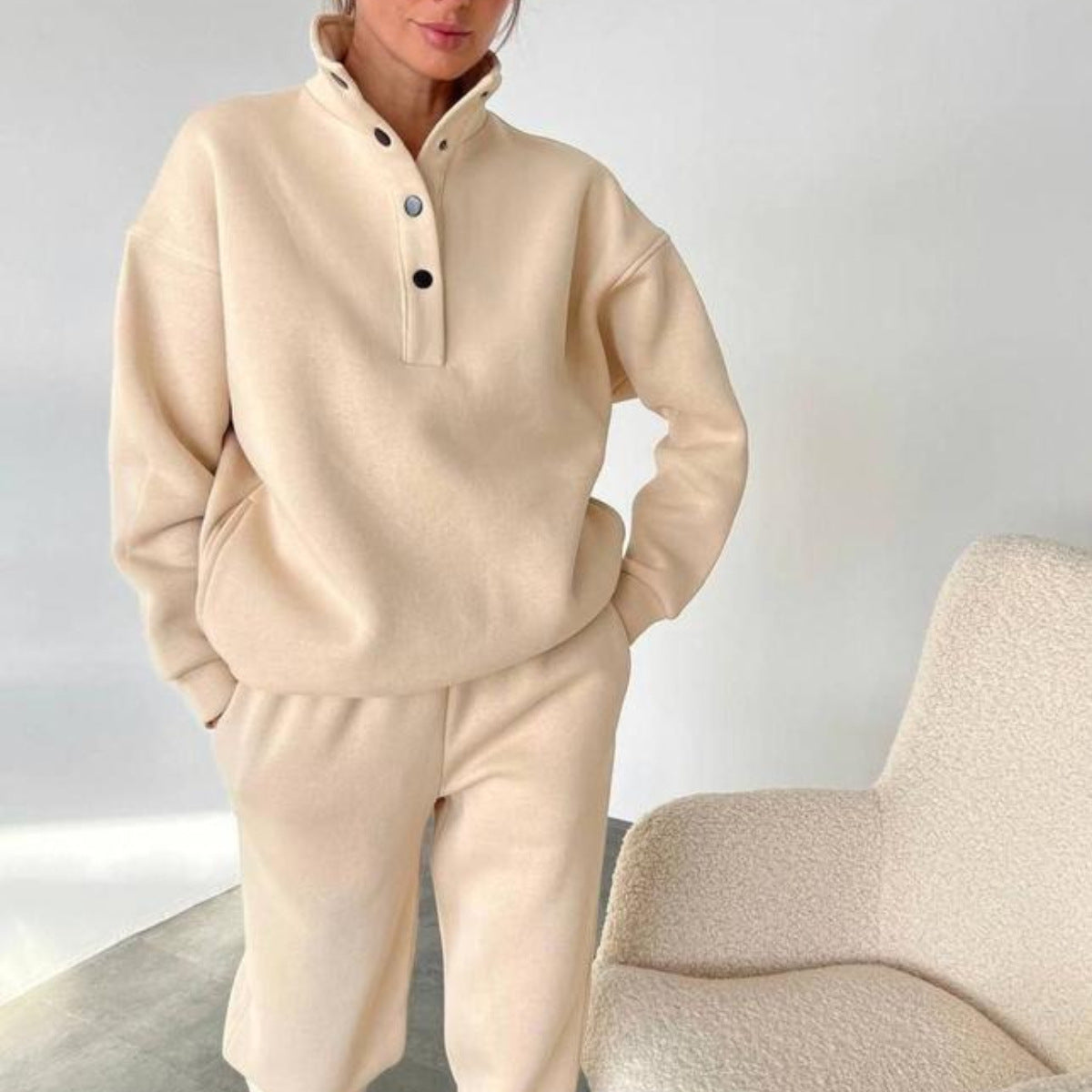 Women's Oversized Fleece Button Mock Neck Sweatsuit Set