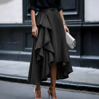Asymmetric Ruffle Denim Midi Skirt