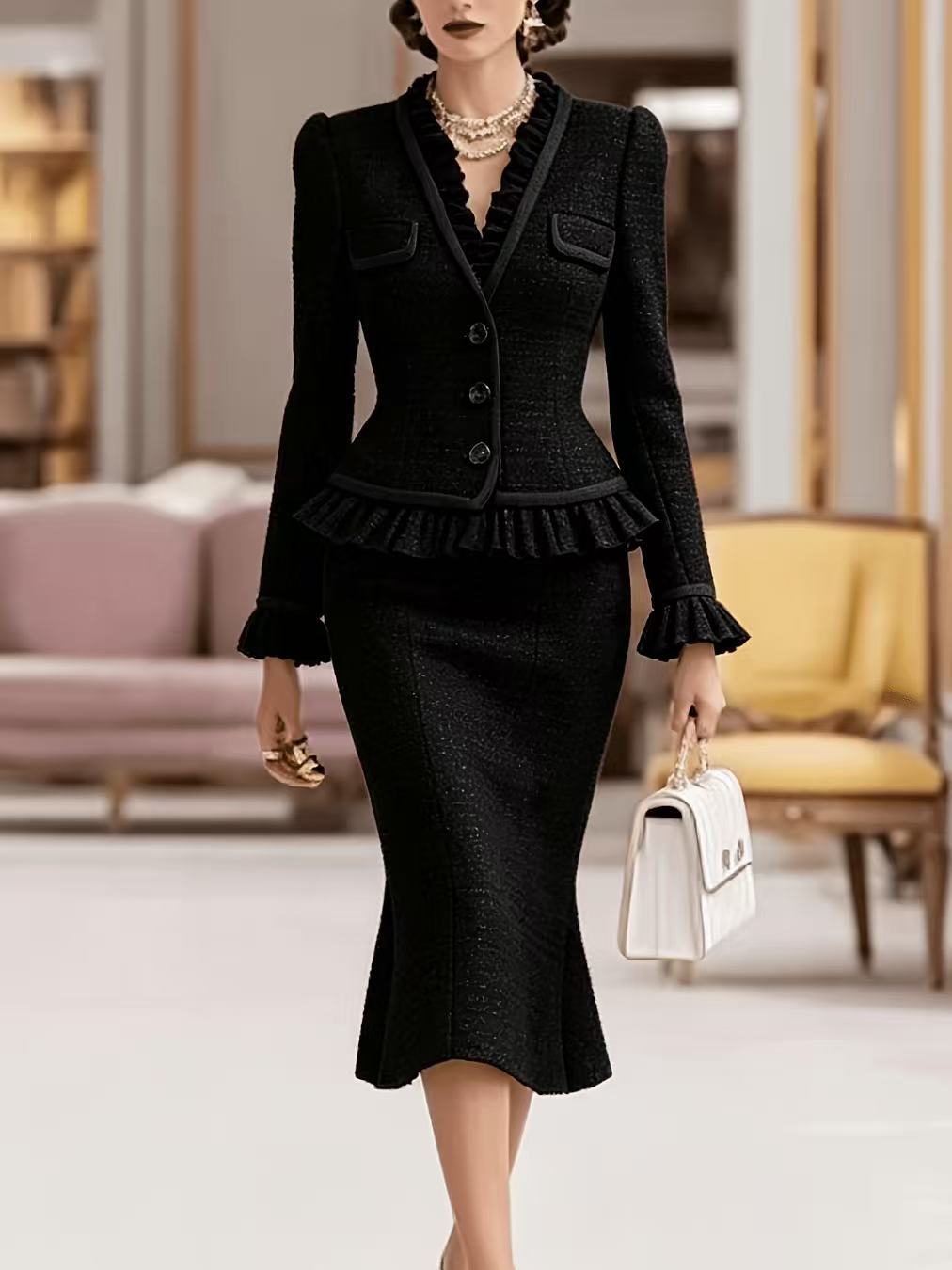 Elegant Colorblock Peplum Jacket Midi Skirt Matching Set
