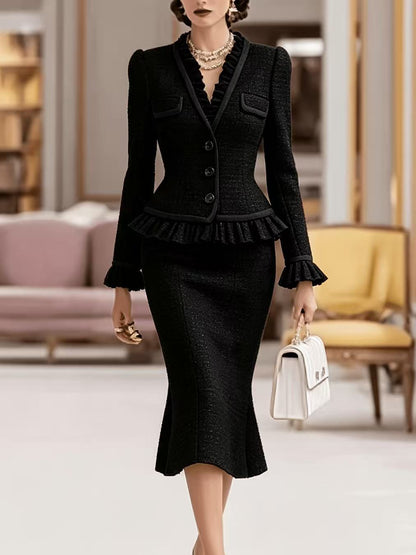 Elegant Colorblock Peplum Jacket Midi Skirt Matching Set