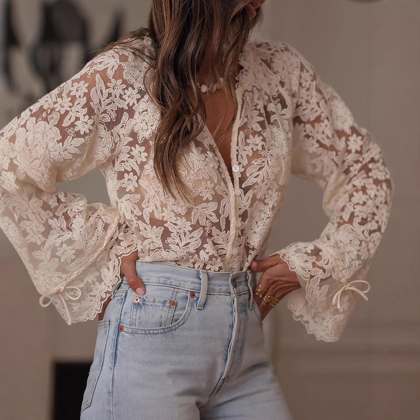 Women's Sheer Floral Lace Blouse Puff Sleeve Button Front