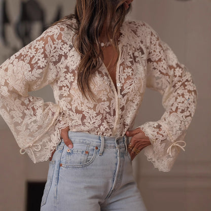 Women's Sheer Floral Lace Blouse Puff Sleeve Button Front