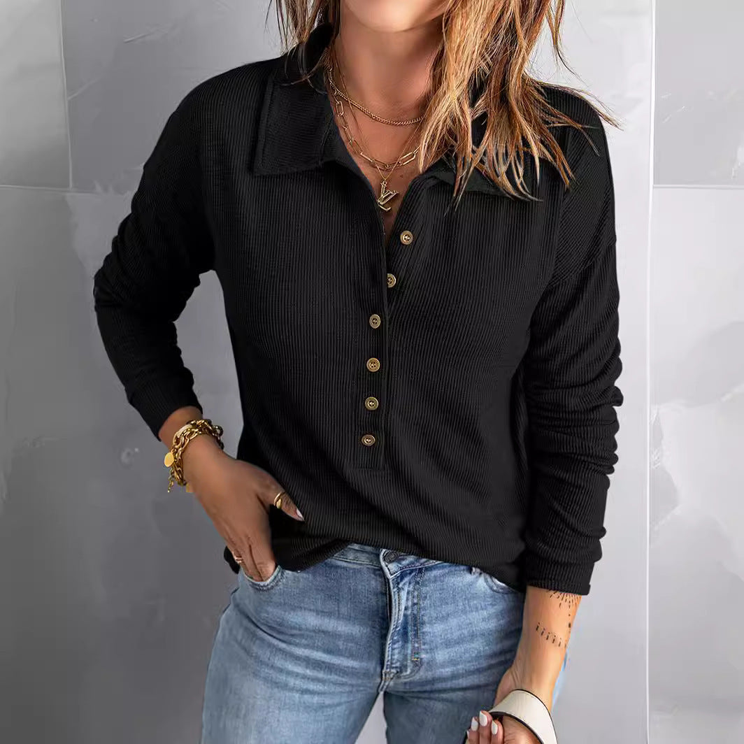 Oversized Ribbed Knit Collared Button Front Long Sleeve Top