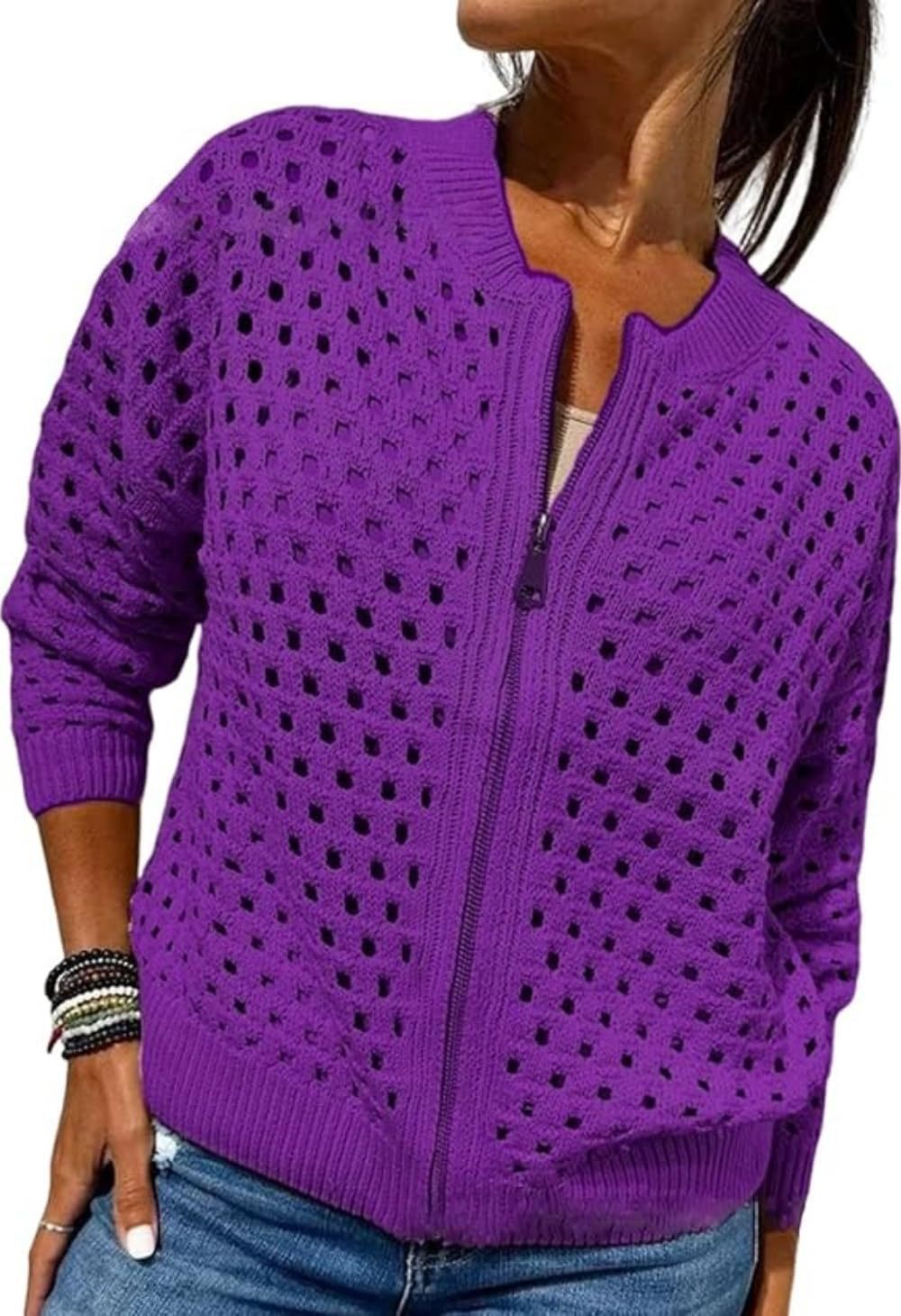 Women's Crochet Zip Up Cardigan Sweater