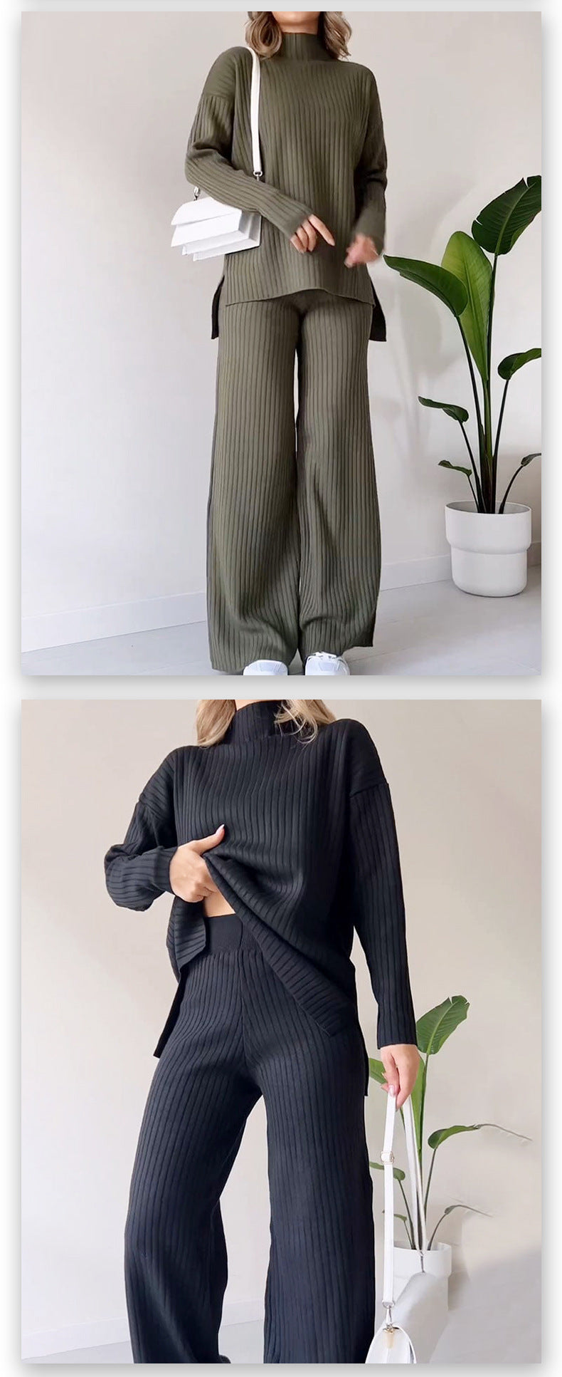 Women's Ribbed Knit Turtleneck & Pants Two Piece Set
