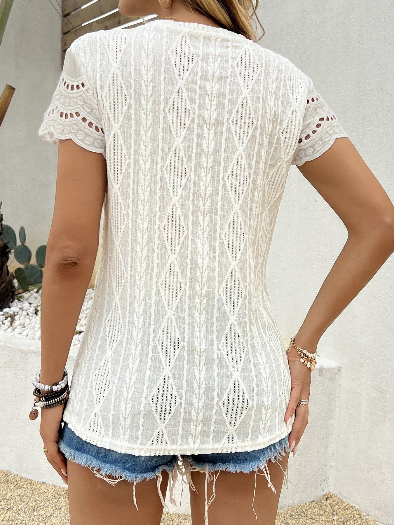 Spring Summer Hollow-Out Round Neck Short Sleeve T-Shirt Women’s Top