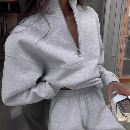 Autumn Winter New Women's Zipper Lapel Solid Color Casual Two-Piece Set