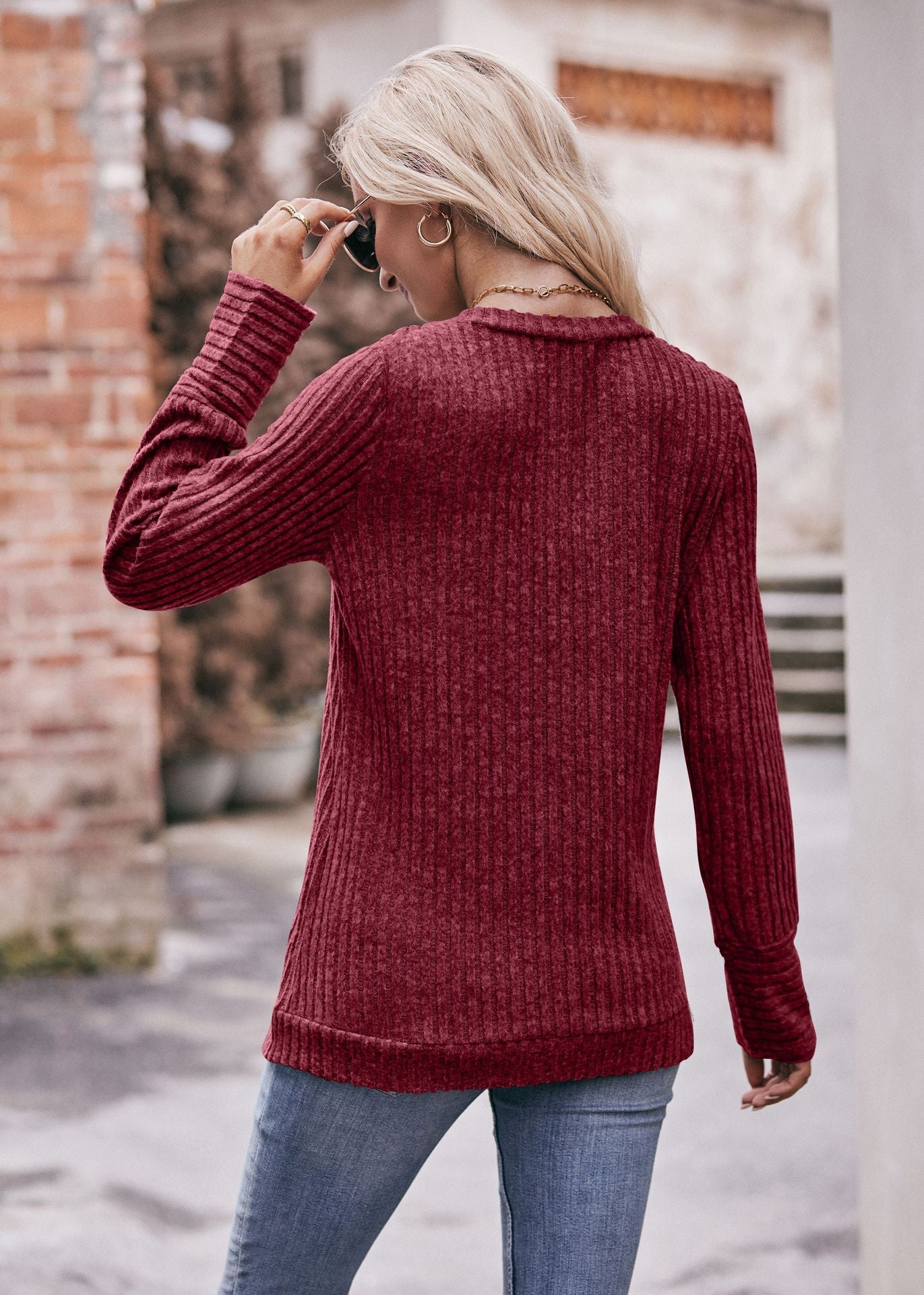 Solid Ribbed V-Neck Long Sleeve Knit Top for Women