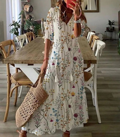 Women's Boho Floral V-Neck Tassel Maxi Dress Flowy
