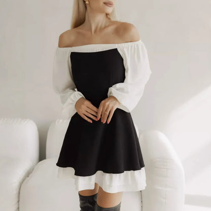 Black White Square Neck Puff Sleeve Ruffle A-Line Dress