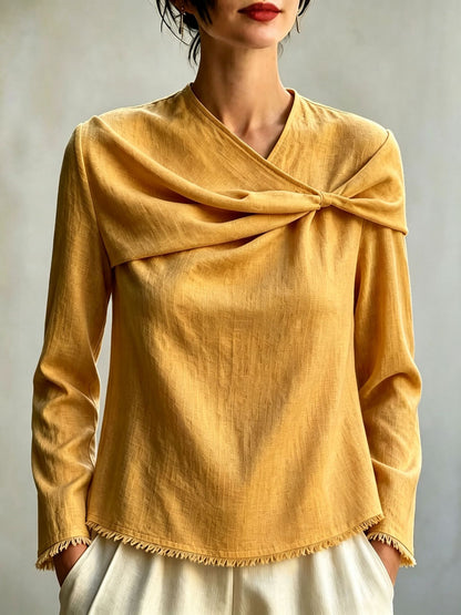 Women's Cotton Linen Cowl Neck Long Sleeve Blouse