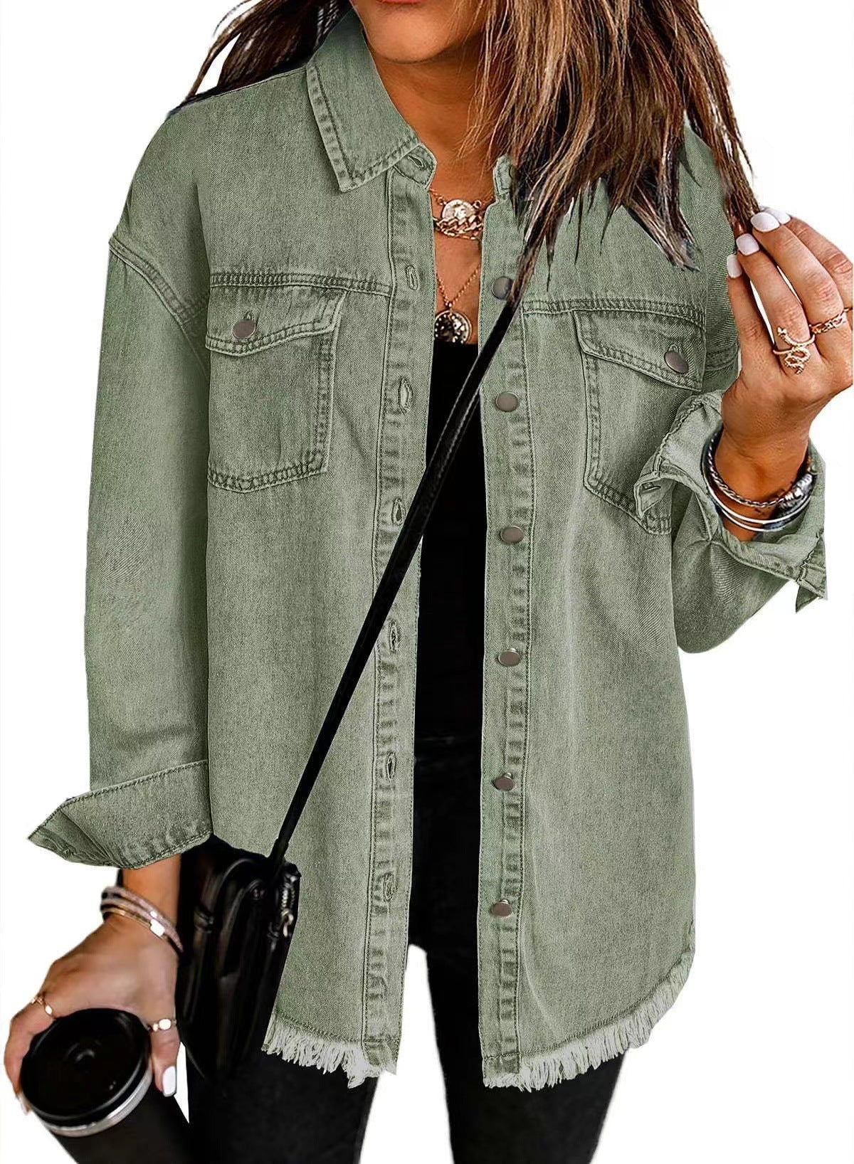 Women's Oversized Denim Shacket Frayed Hem Jacket