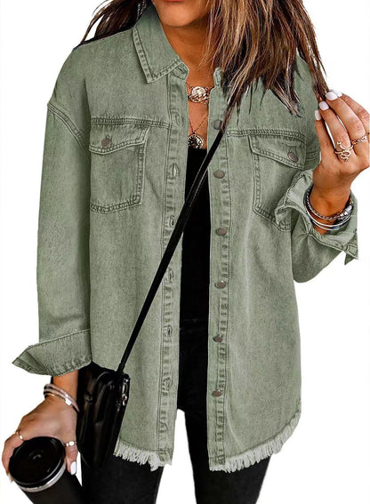 Women's Oversized Denim Shacket Frayed Hem Jacket