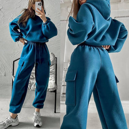 Women Oversized Fleece Hoodie Cargo Jogger Set