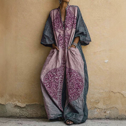 Womens Boho Printed Wide Leg Jumpsuit Loose 3/4 Sleeve