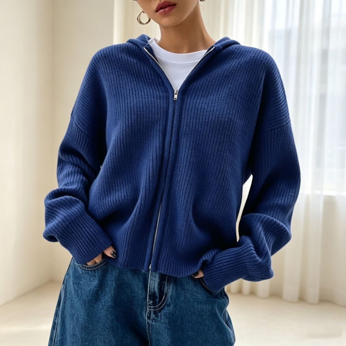 Women's Hooded Ribbed Zip Up Cardigan Sweater