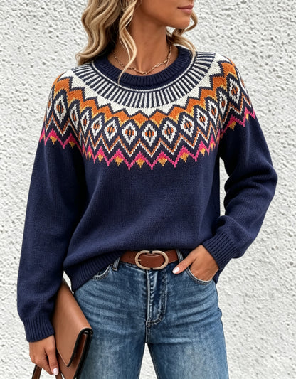 Women's Oversized Fair Isle Crew Neck Knit Sweater
