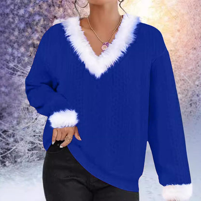 Women's Faux Fur V-Neck Cable Knit Christmas Sweater
