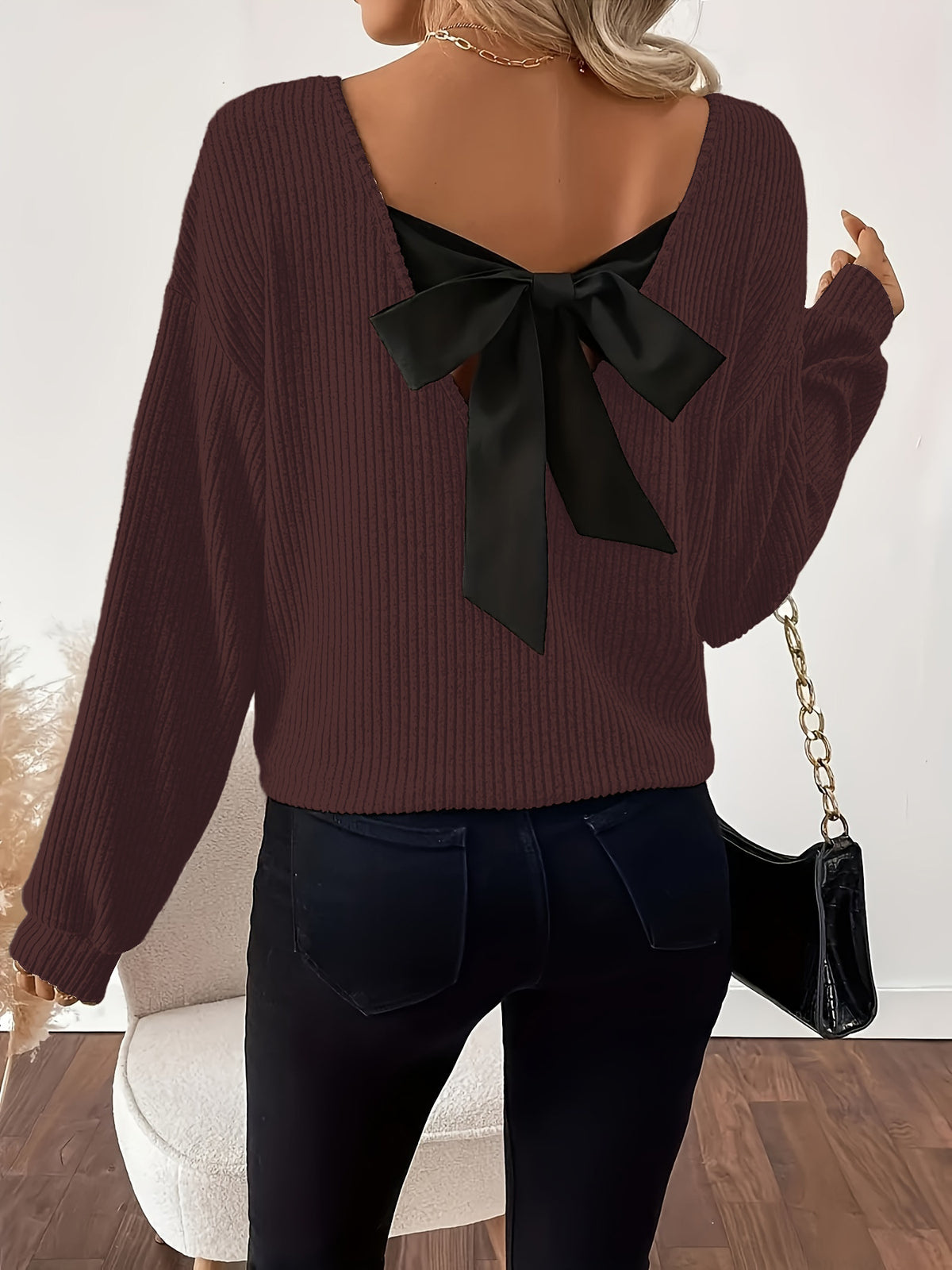 Women's V-Neck Bow Back Ribbed Long Sleeve Loose Fit Top