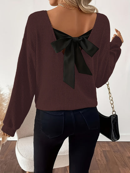 Women's V-Neck Bow Back Ribbed Long Sleeve Loose Fit Top