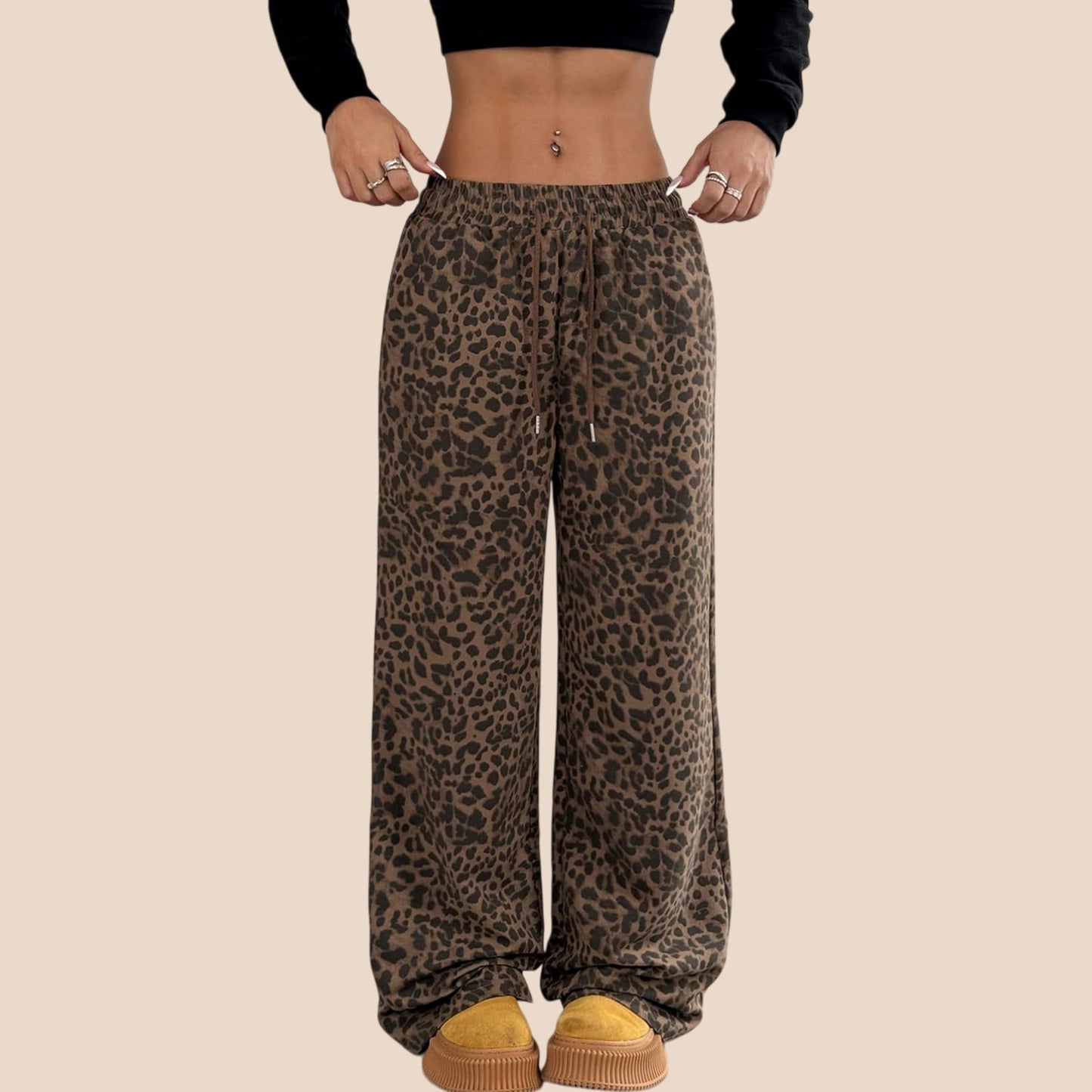 Women's Leopard Print Baggy Wide Leg Pants High Waist