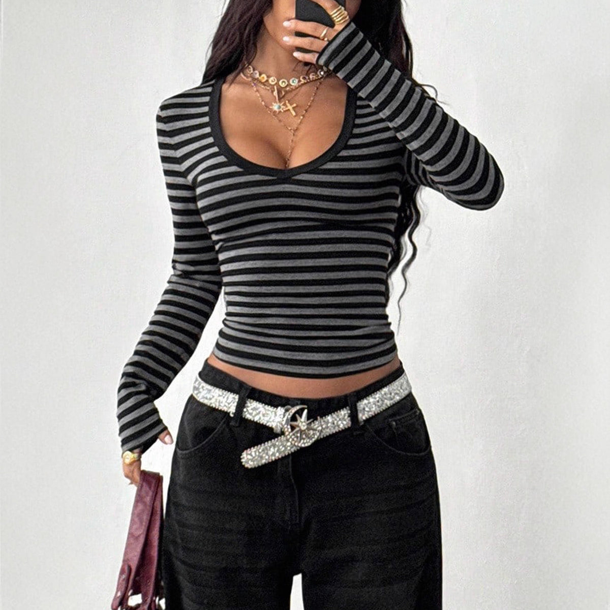 Striped Scoop Neck Long Sleeve Crop Top Fitted