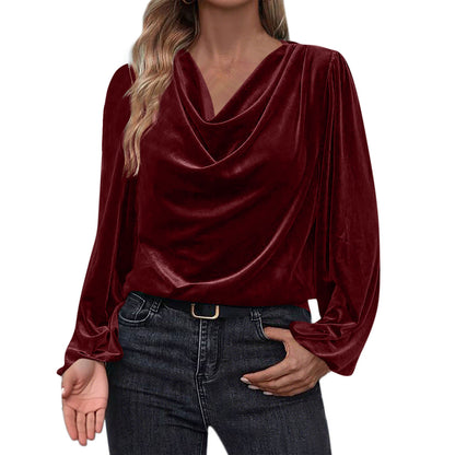 Women's Velvet Cowl Neck Long Sleeve Blouse