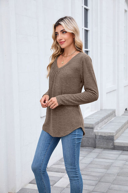 Women's Ruched V Neck Long Sleeve Loose Tunic Top