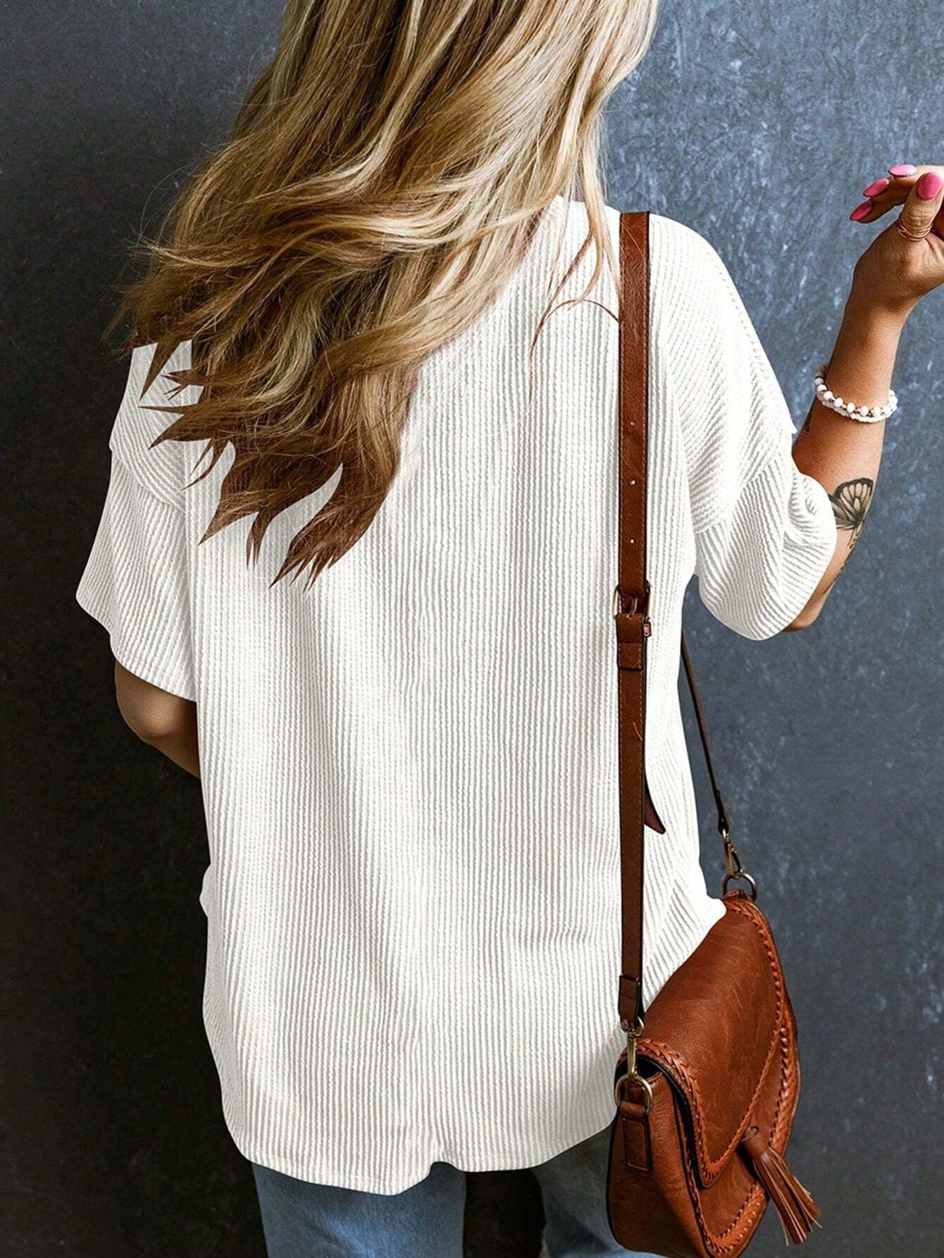 Women’s Ribbed V Neck Short Sleeve Pocket Tee