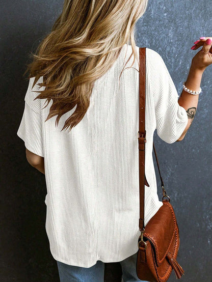 Women’s Ribbed V Neck Short Sleeve Pocket Tee