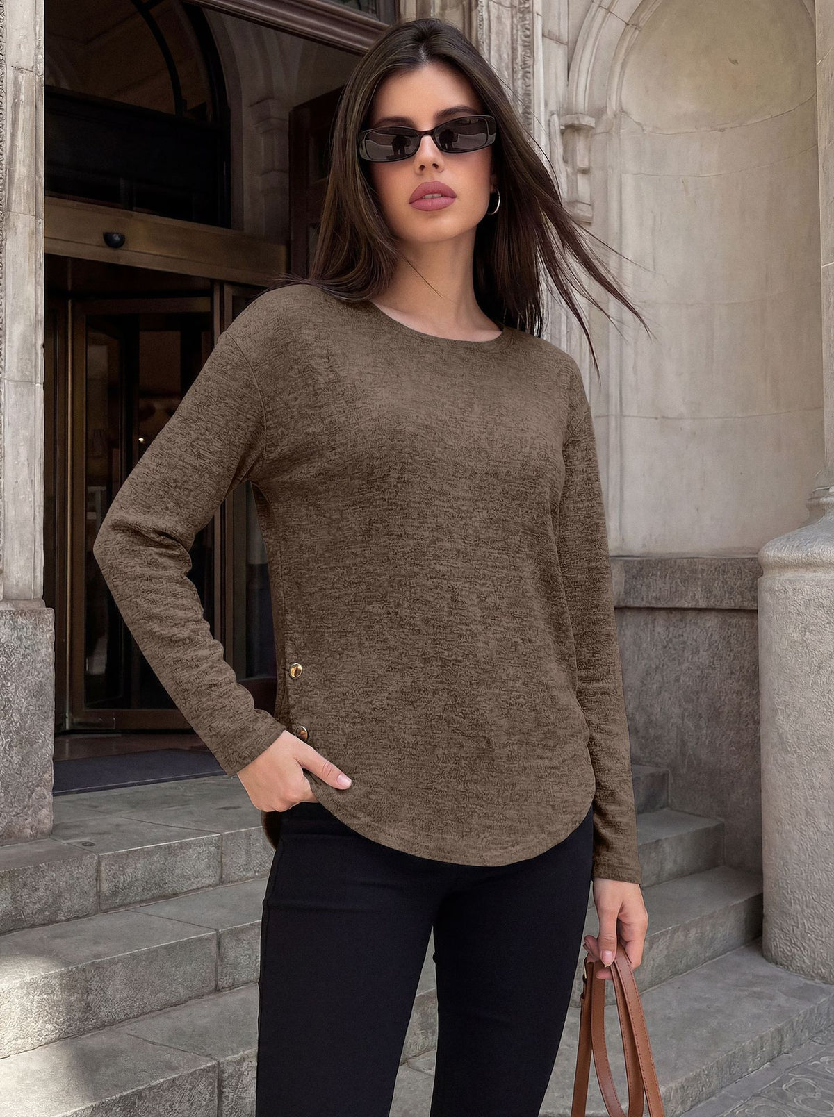 Women's Oversized Side Button Long Sleeve Tunic Top
