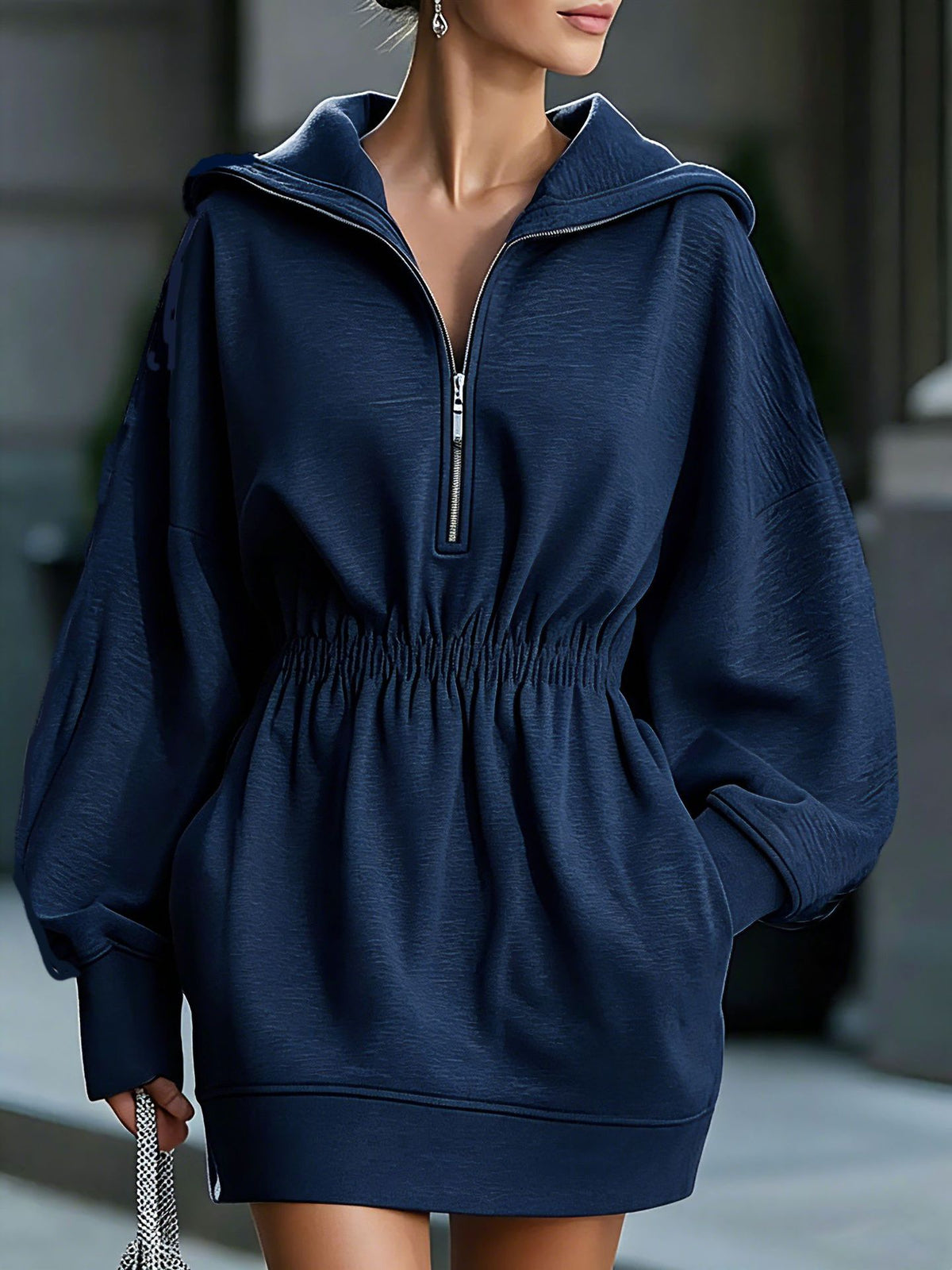 Women's Oversized Half Zip Hoodie Dress Cinched Waist Mini