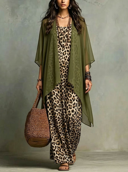 Women's Leopard Print Maxi Dress & Cardigan Set
