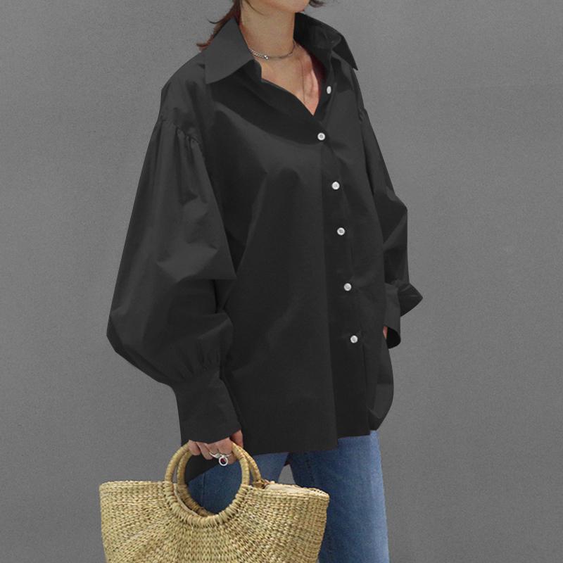 Women's Oversized Balloon Sleeve Collared Button-Up Blouse
