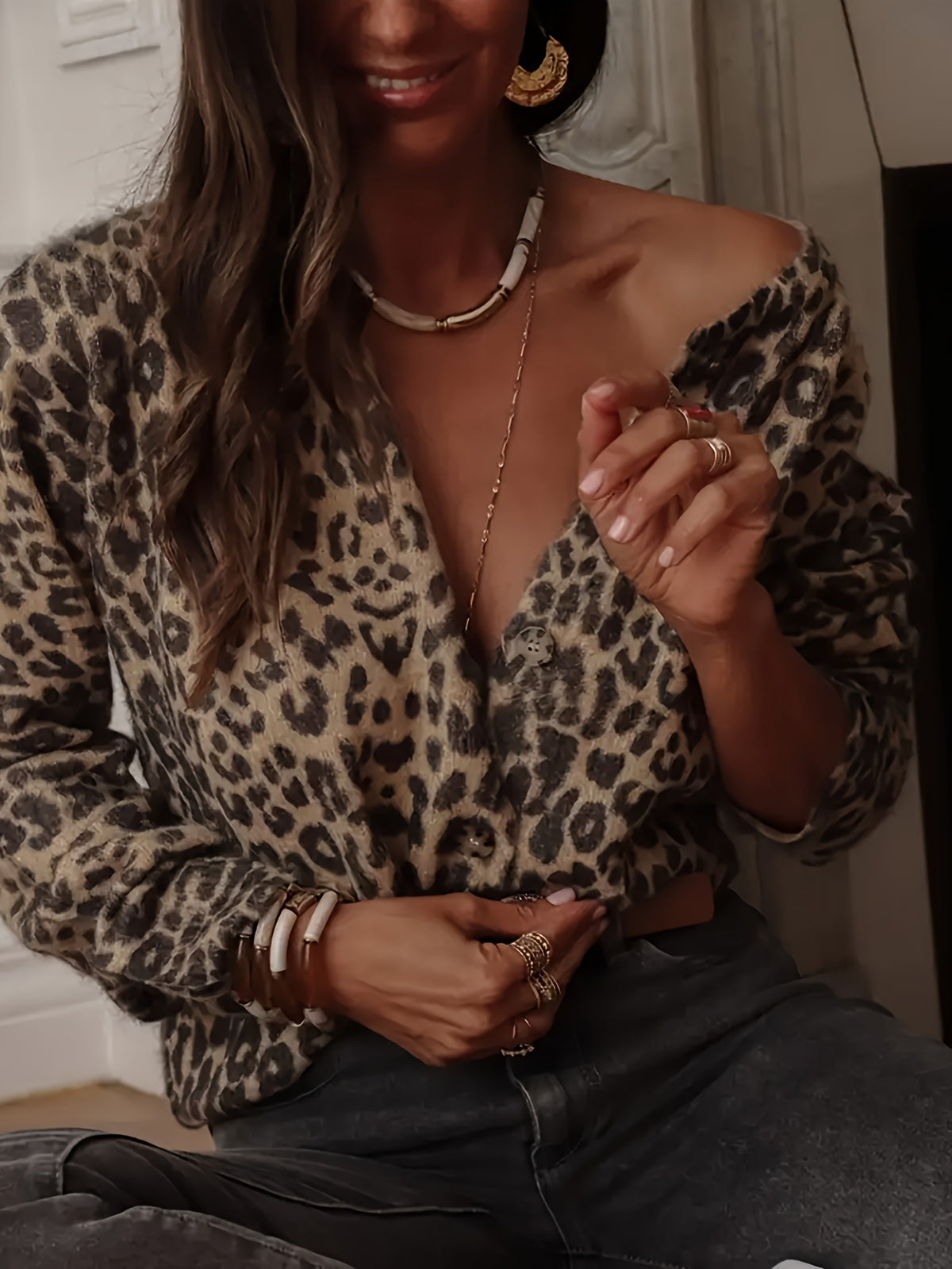 Women's Leopard Print Oversized Button Cardigan Sweater
