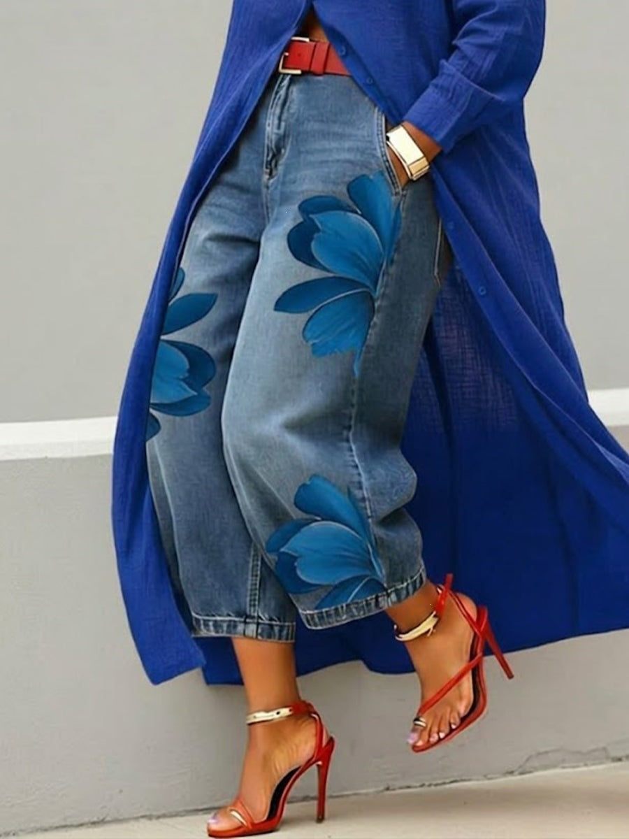 Women's Floral Denim Wide Leg Pants