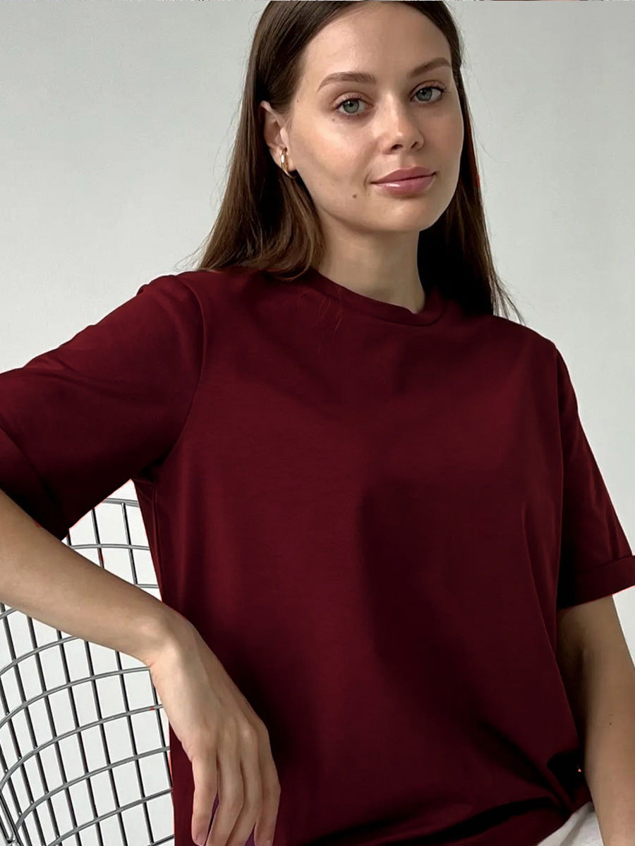 Solid Cotton T Shirt Loose Fit Crewneck Casual Top