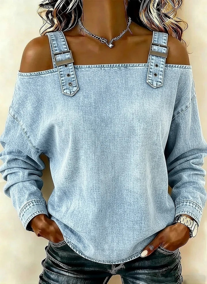 Women's Off Shoulder Denim Buckle Strap Long Sleeve Top