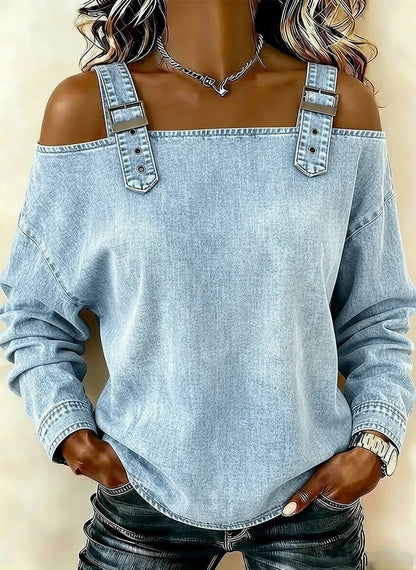 Women's Off Shoulder Denim Buckle Strap Long Sleeve Top