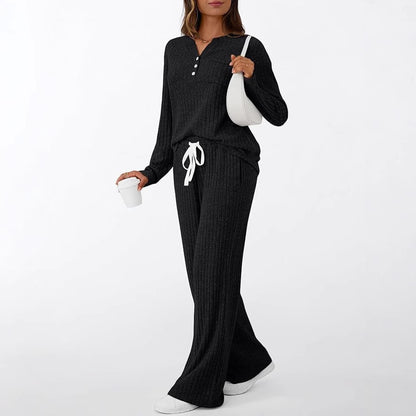 Women's Ribbed Henley Lounge Set Wide Leg Pants 2Pc