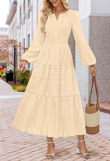 Women's V-Neck Long Sleeve Tiered Maxi Smocked Cotton Dress
